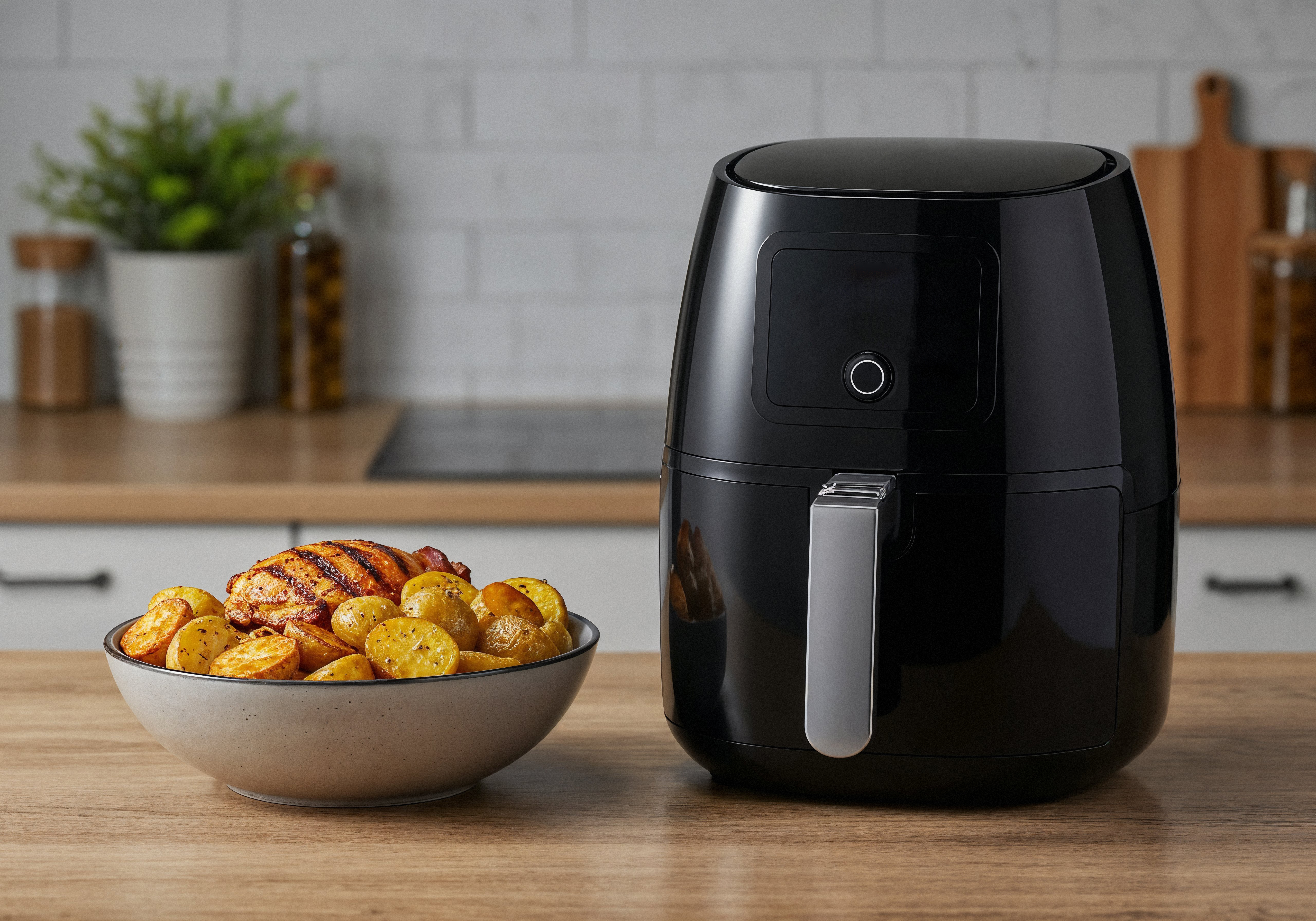 Air fryer basket filled with crispy golden fries